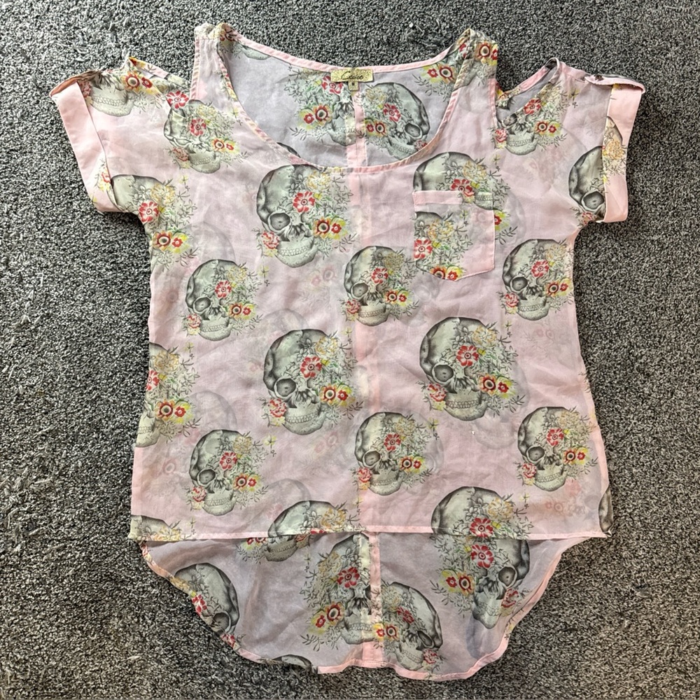 Cecico Sheer Cold Shoulder Faux Button Back Pink Skull Pattern Blouse Top (M)